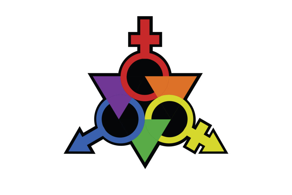 Alternative version of the QASU logo, here the triangles and gender symbols overlap each other and are all composed of only one color.