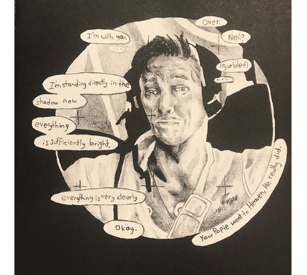 A lithography print of Gene Cernan, last man on the moon. Around him is part of Heather Christle's poem from her book Heliopause.